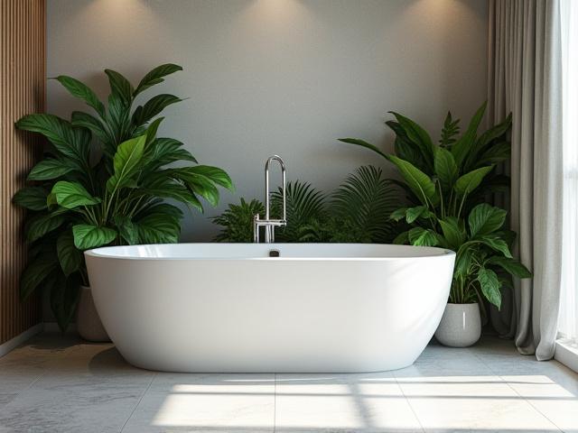 Moderne baderom med frittstående badekar og grønne planter, et prosjekt av Kvitre Rom